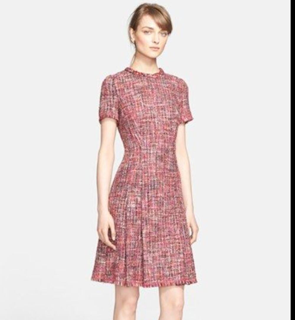 ESCADA | Pink Tweed Pleated Short Sleeve Boucle Dress | Size 42
